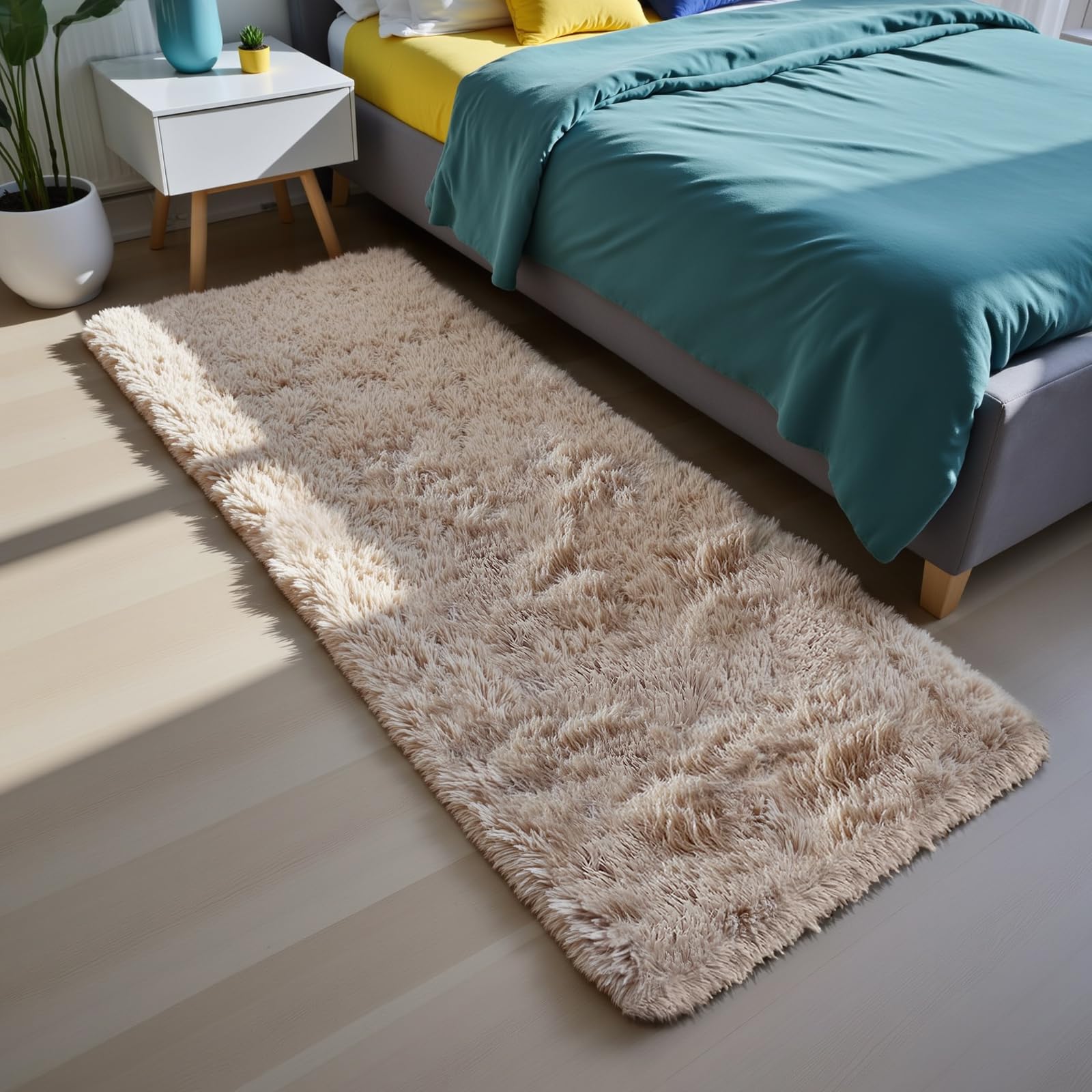 Fluffy Rug Shag Area Rug, Beige 3x5 Area Rugs for Bedroom, Small Bedside Rug, Soft Fluffy Shag Entryway Throw Rugs for Living Room Bedroom Kids Room Home Decor