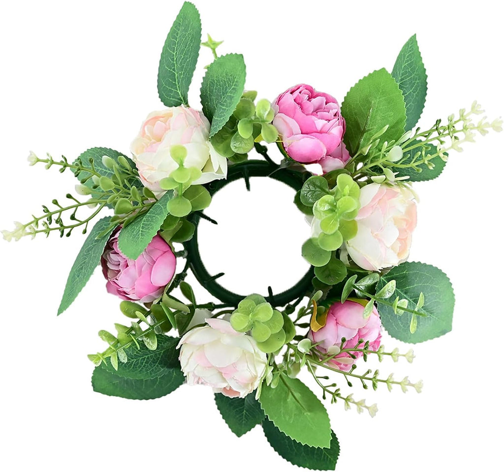 Peony Flower Candle Rings by [Brand Name] - Spring Wreath Centerpieces | 10.2" Pink Artificial Floral Decor