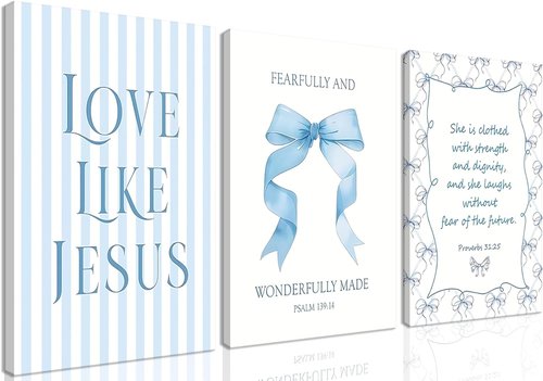 Blue Bow Jesus Wall Art - Inspirational Bible Verse Canvas Print for Dorm Room | 12x16 Inch Framed Decor