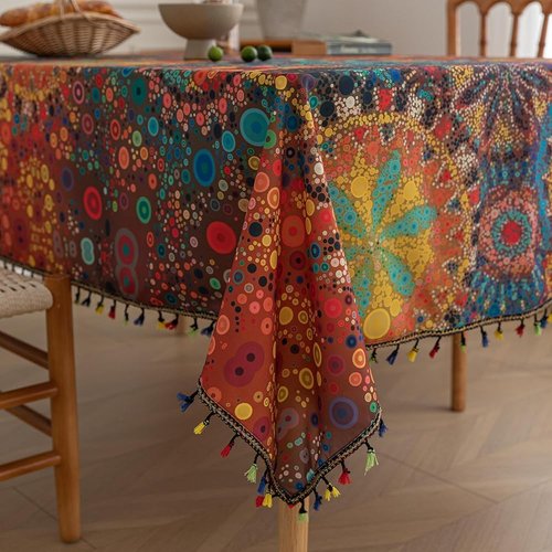 Erbnaryx Boho Tablecloth for Square Tables,Fringed Edges with Geometric Pattern Tablecloths,Farmhouse Floral Table Cover Cloth Decorative for Kitchen Dining Room,59"x 102"