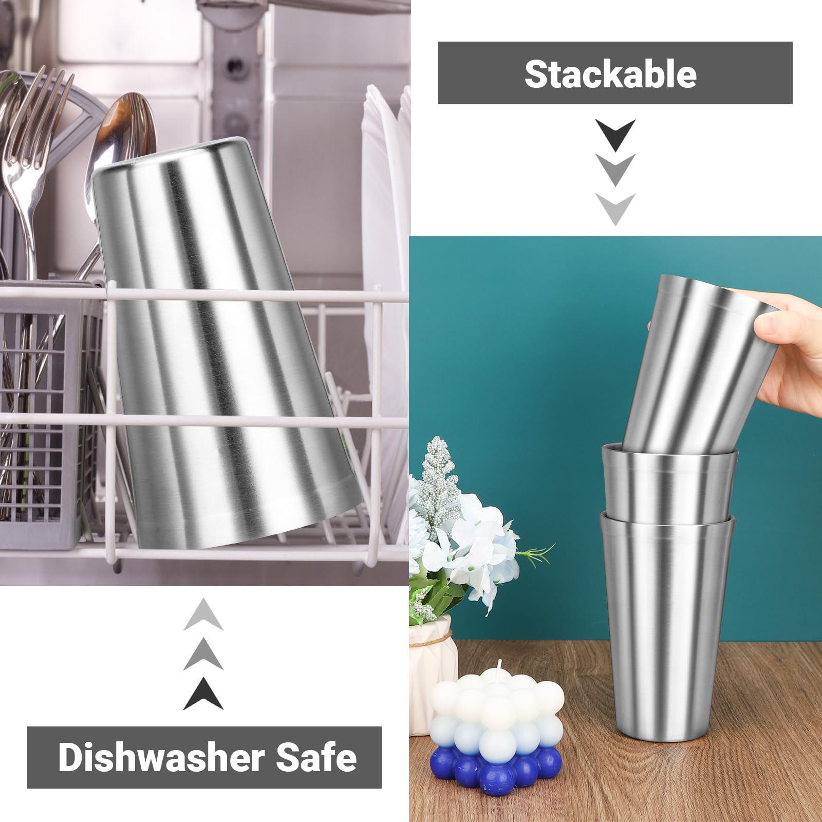 Offiper Stainless Steel Cups, 16 oz Insulated Tumbler, 12 Pack Double Wall Unbreakable Stackable Water Tumblers Insulated Metal Cup Premium Drinking Glasses for Travel Camping Home Outdoor
