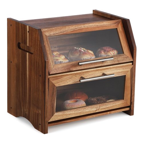 Garvee Double Layer Bread Box – Acacia Wood Bread Bin with Clear Acrylic Door & Air Vents, Rustic Countertop Bread Storage Container for Homemade Bread, Bagels, Muffins (Brown & Silver)