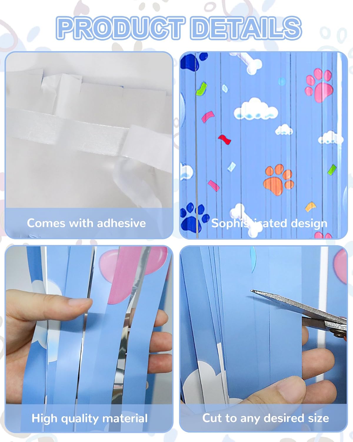 Paw Birthday Decorations - Blue Dog Theme Party Supplies | 3 Pack Tinsel Foil Fringe Curtains & Backdrop