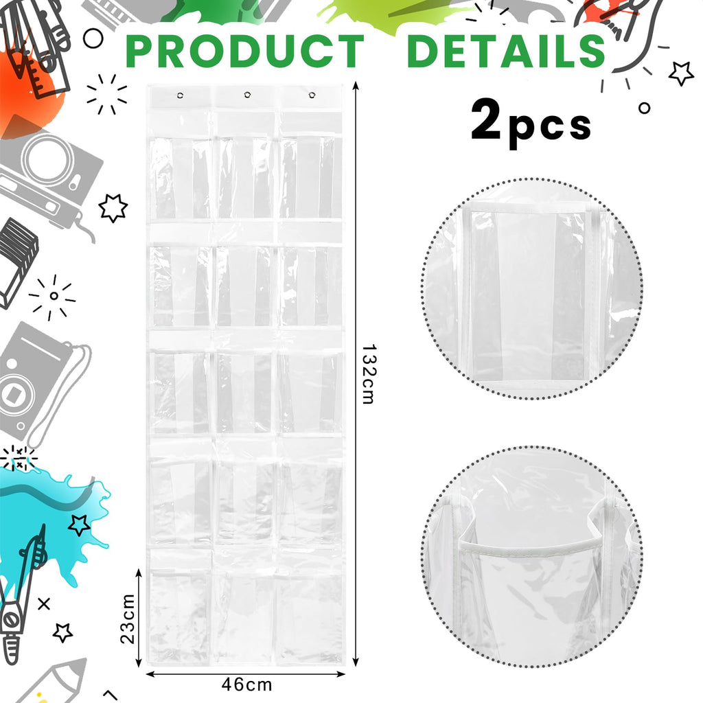 Vincreem 2 Pcs Over The Door Hanging Classroom Headphone Storage Organizer 30 PVC Clear Organizer Holder Pockets with 2 Pcs Headphone Storage Cards with Digital Stickers for Library Door Hanger
