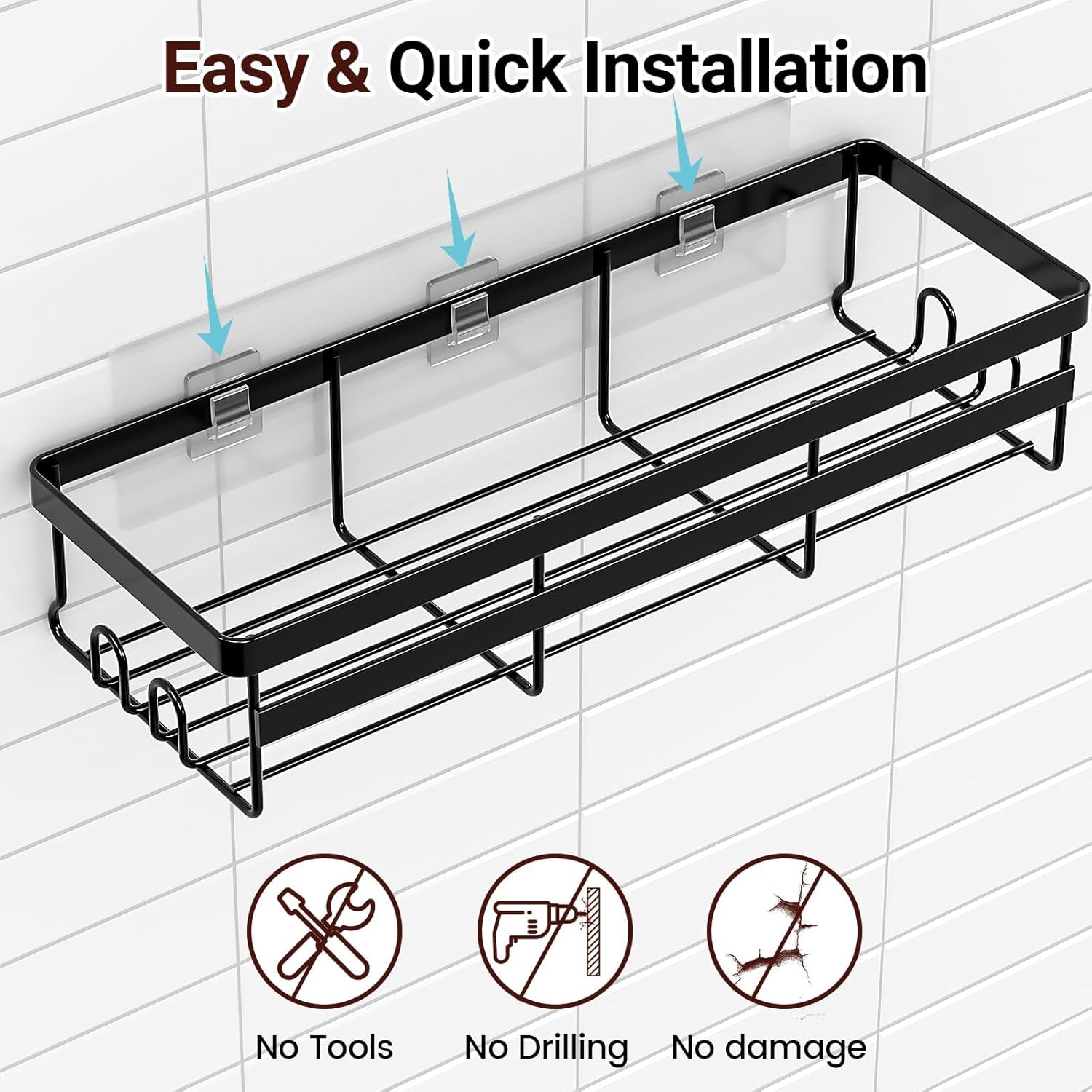 WOWBOX Shower Caddies 2 Pack - Adhesive Hanging Bathroom Organizers | No-Drill Stainless Steel Shelves