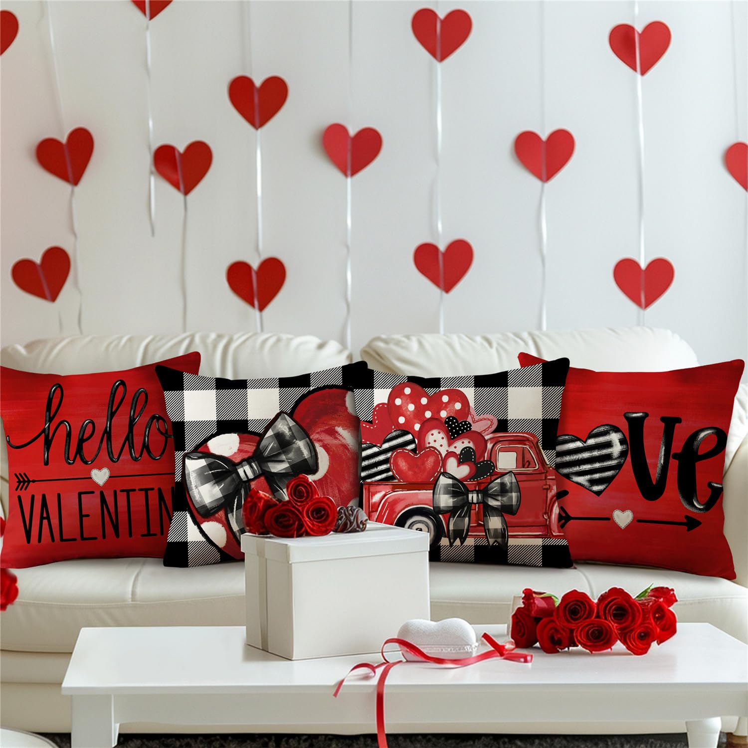 MODOVOS Valentine's Day Buffalo Plaid Bow Truck Throw Pillow Covers 18x18 Set of 4 Polka Dots Valentine Heart Wedding Cushion Case Decoration for Sofa Couch
