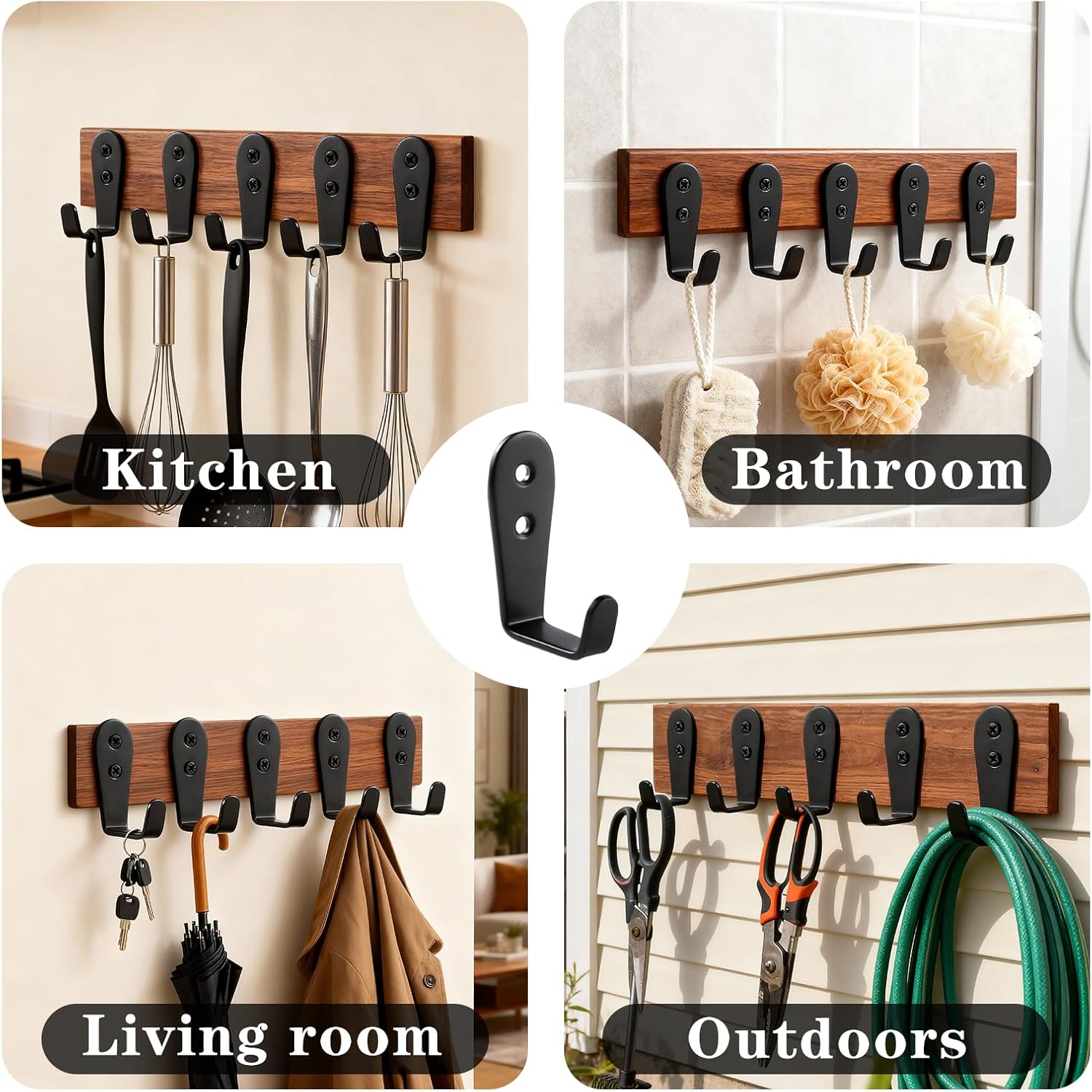Skiennix Stainless Steel Wall Hooks - Heavy Duty Key Holder & Coat Hanger, 8 Pack (Black)