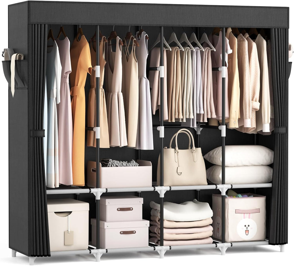 VTRIN Portable Closet - 67 Inch Wide Wardrobe with Cover, 4 Shelves & 4 Hanging Rods - Sturdy Black Design