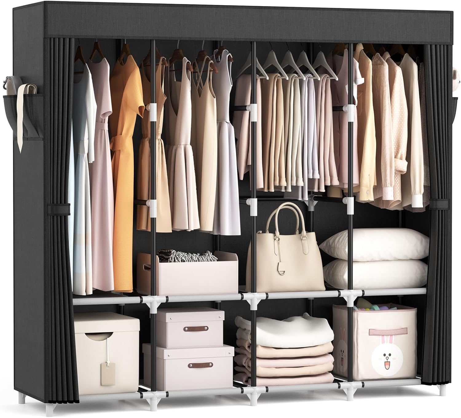 VTRIN Portable Closet - 67 Inch Wide Wardrobe with Cover, 4 Shelves & 4 Hanging Rods - Sturdy Black Design