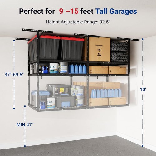 FLEXIMOUNTS 4x8 Overhead Garage Storage Rack - Adjustable Heavy-Duty Metal | 1000 lbs Capacity, Black