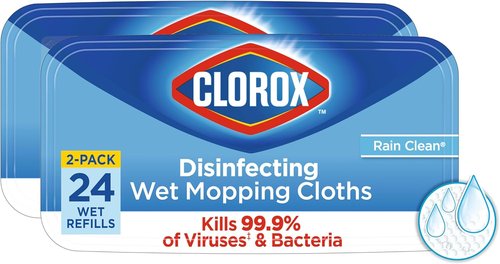 Clorox Disinfecting Wet Mop Pad | Multi-Surface Floor Wipes - 24 Disposable Refills Per Pack, Rain Clean