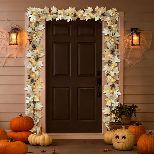 6 FT Realistic Fall Garland with Lights Timer Function Fall Leaves Maple Garland with Berries Pine Cones Autumn Automatic Fall Decorations for Home Mantle Fireplace Porch Table Decor