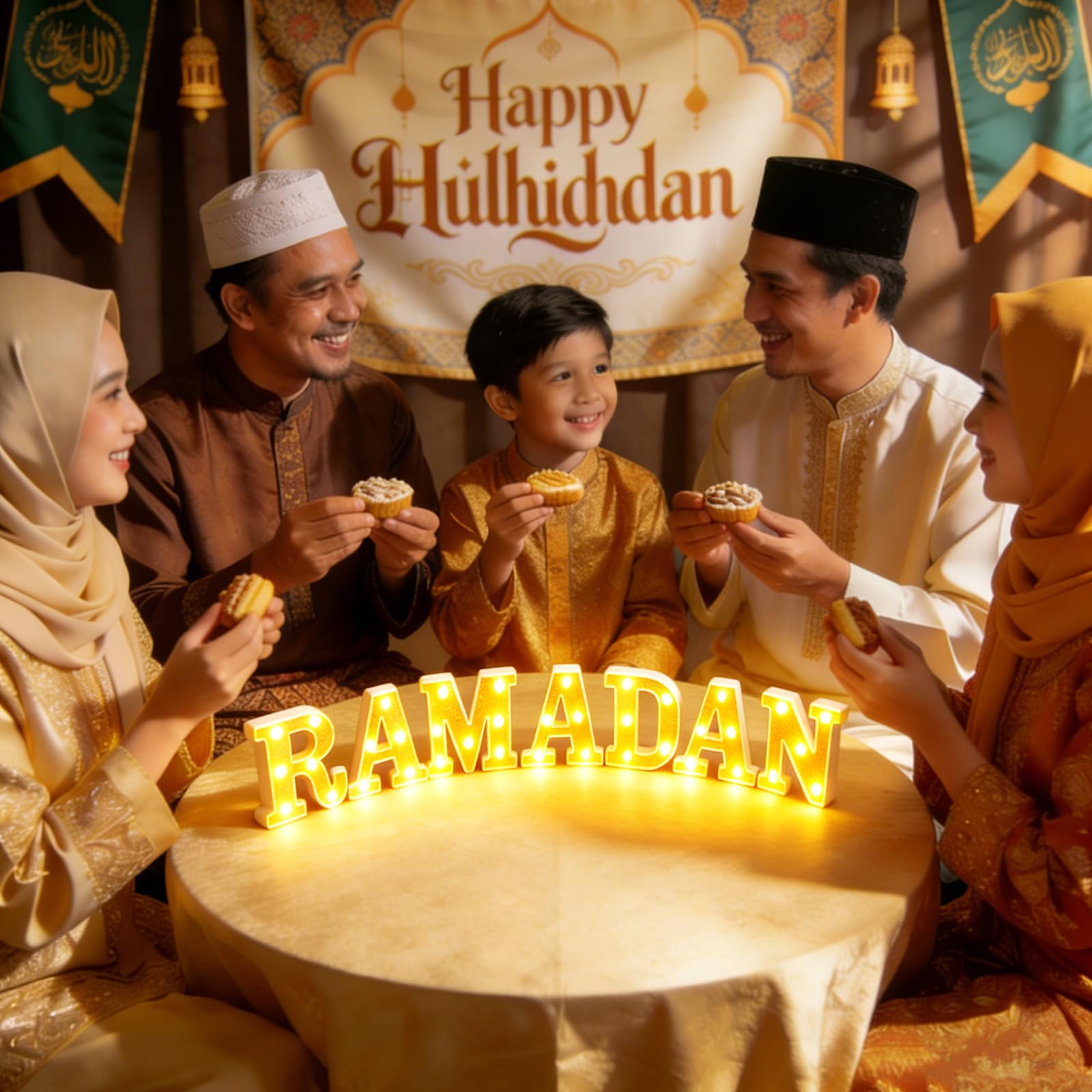 Aurelema 7 Pcs Ramadan Decorations Ramadan Large LED Letter Sign Powered Battery Light Gold Powder Surface Hanging Decor for Party Decorations Indoor Outdoor