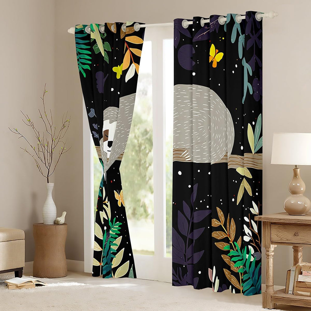 Feelyou Sloth Window Treatments Cute Sloth Window Drapes for Kids Boys Girls Galaxy Butterfly Curtains Botanical Leaves Blackout Curtain 42W X 63L,2 Panels