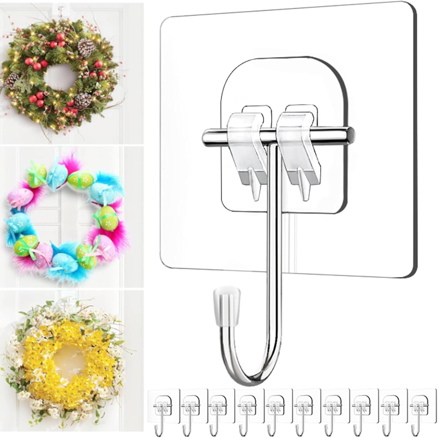 Skiennix Large Clear Wreath Door Hanger - 60lb Over-The-Door Hooks for Holiday Decorations