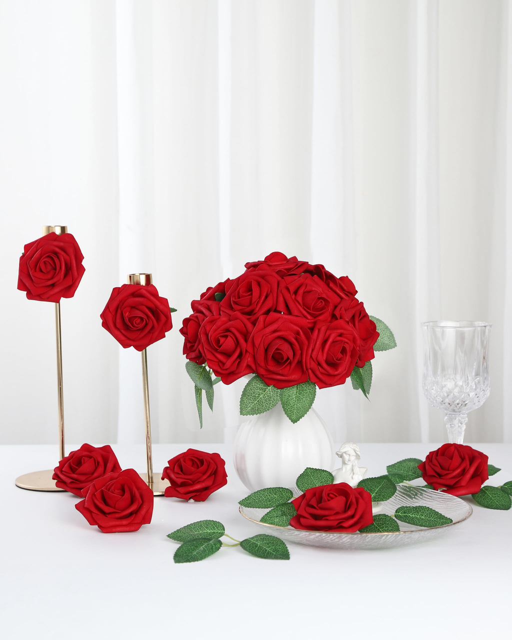 DuHouse 50Pcs Artificial Roses Flowers Fake Roses with Stems Real Touch Foam Flowers for DIY Wedding Bouquet Party Centerpiece Floral Arrangement Party Home Decor(Dark Red)