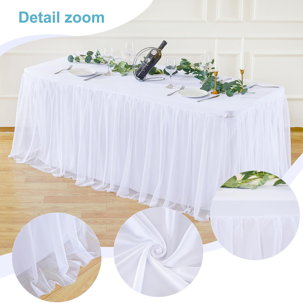 White Table Cloths 8 Foot Rectangle Stretch Ruffle Tulle Tablecloth Spandex Fitted Table Cover for 8 Foot Tables White Tulle Table Skirts Rectangle Tables 8ft Elastic Party Wedding Table Cloths 2Pack