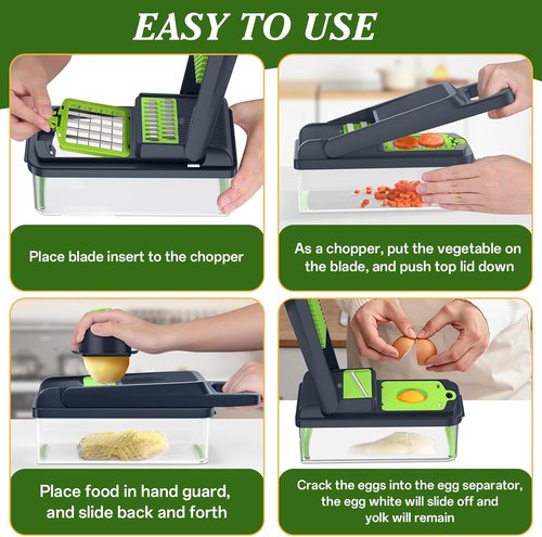 HomeHacks Vegetable Chopper - 12-in-1 Multi-Functional Kitchen Gadget with Handle | Green Dicer, Slicer & Grater