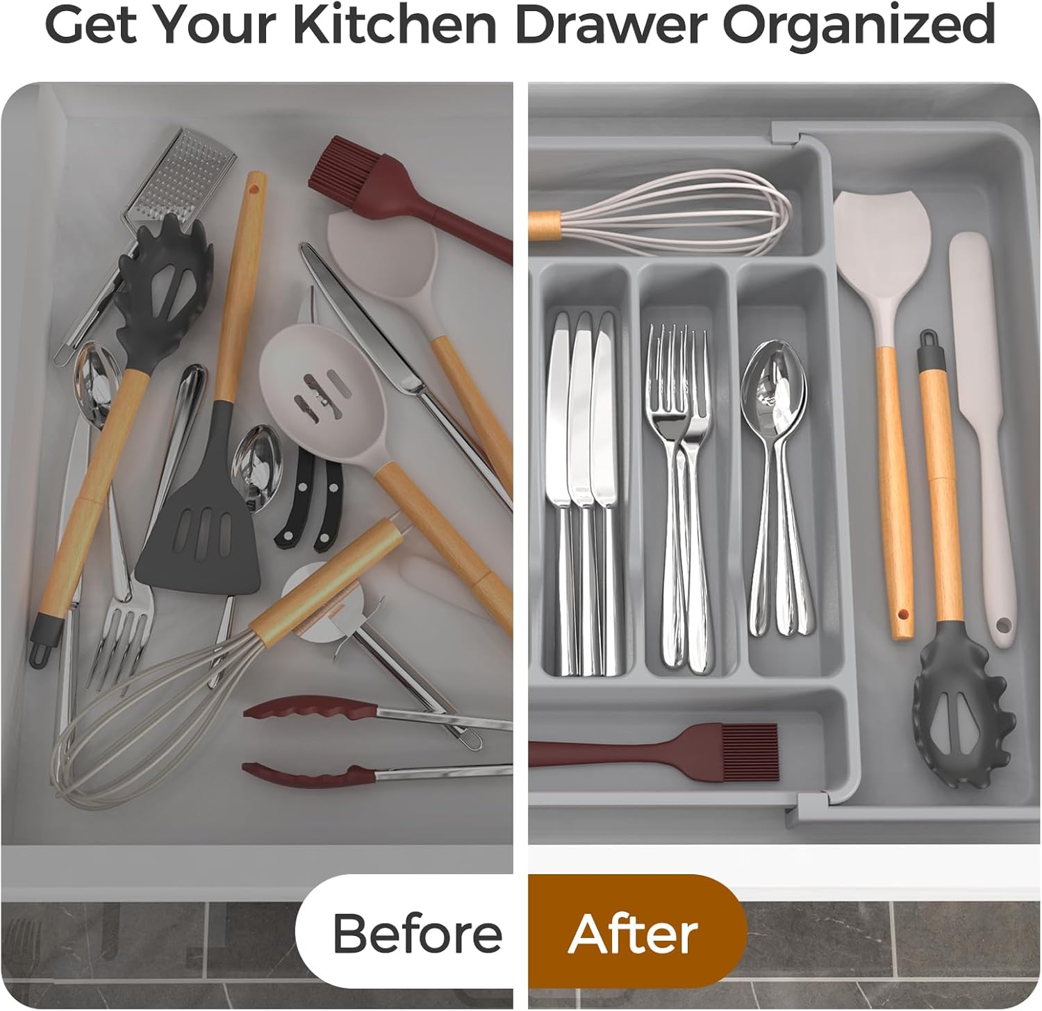 Ukeetap Extra Large Expandable Silverware Organizer - BPA-Free Cutlery Holder for Kitchen Drawers | Gray
