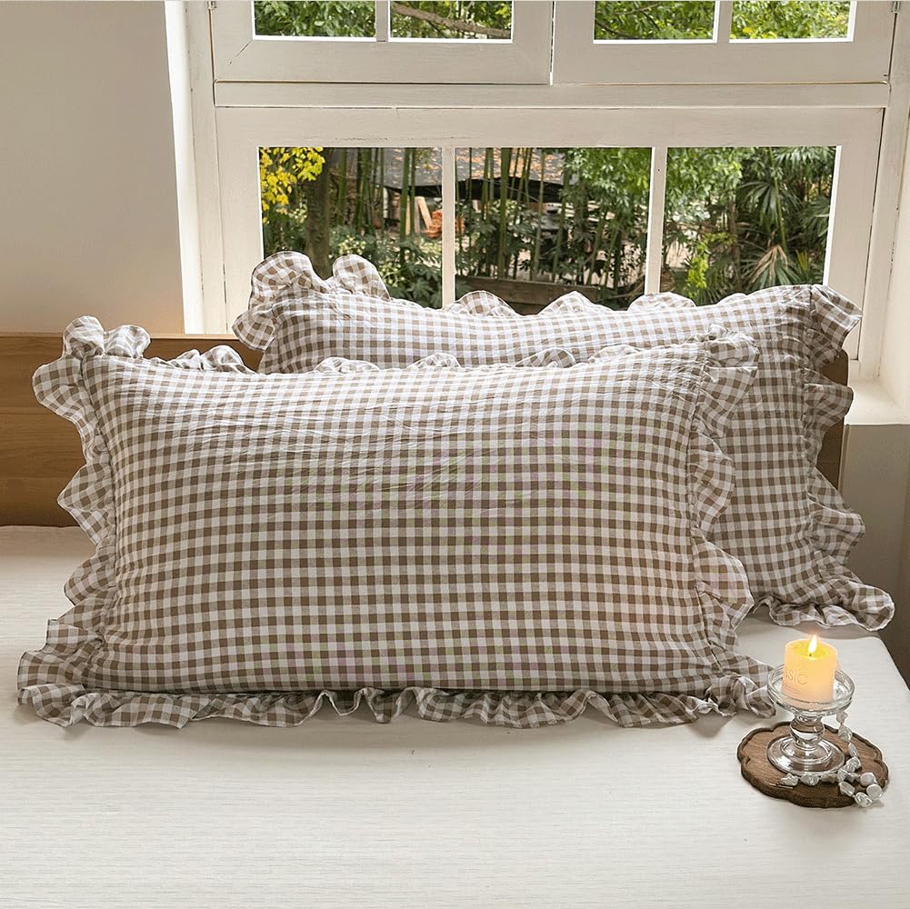 NSNLGSGC Tan Ruffled Plaid Gingham Standard Size Pillow Shams 20"x26", Set of 2 Taupe Checked Pre-Washed Microfiber Farmhouse Pillowcases for Bed/Sofa (20"x26", Tan Gingham)