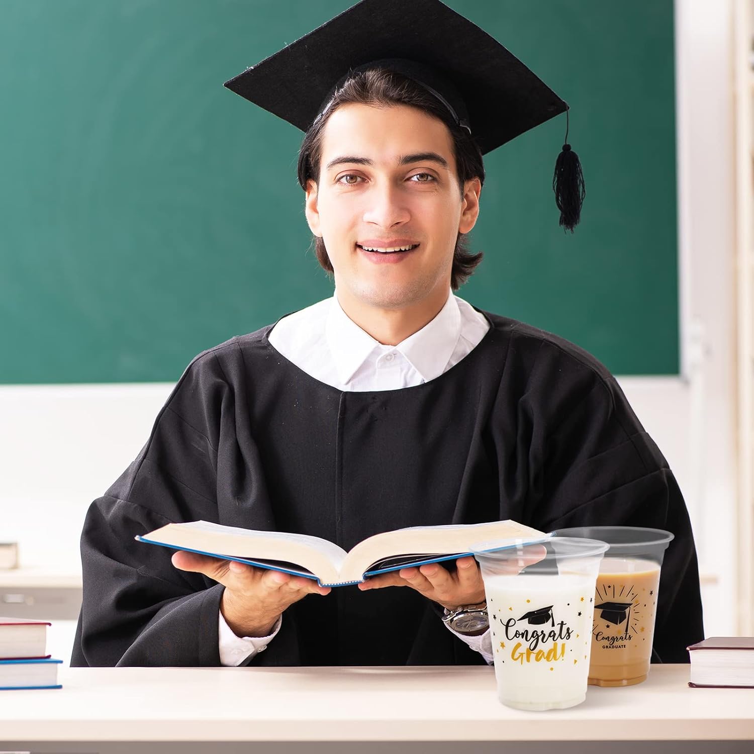 Whaline Graduation Cups - 12oz Black & Gold Disposable Party Cups | 50-Pack for Class of 2025 Celebrations