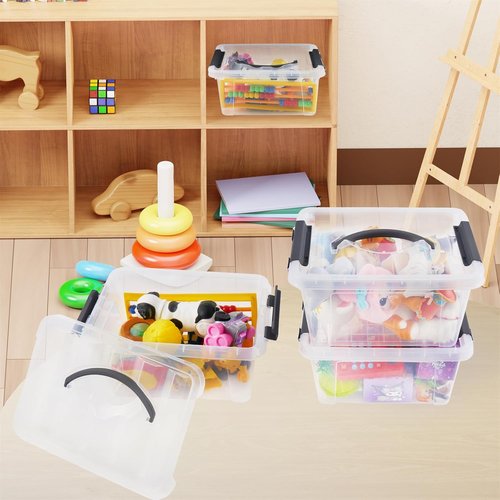 Eslite 6 Quart Stackable Storage Bins - Clear Latching Boxes with Handles & Lids | Pack of 6 (Black Handle)