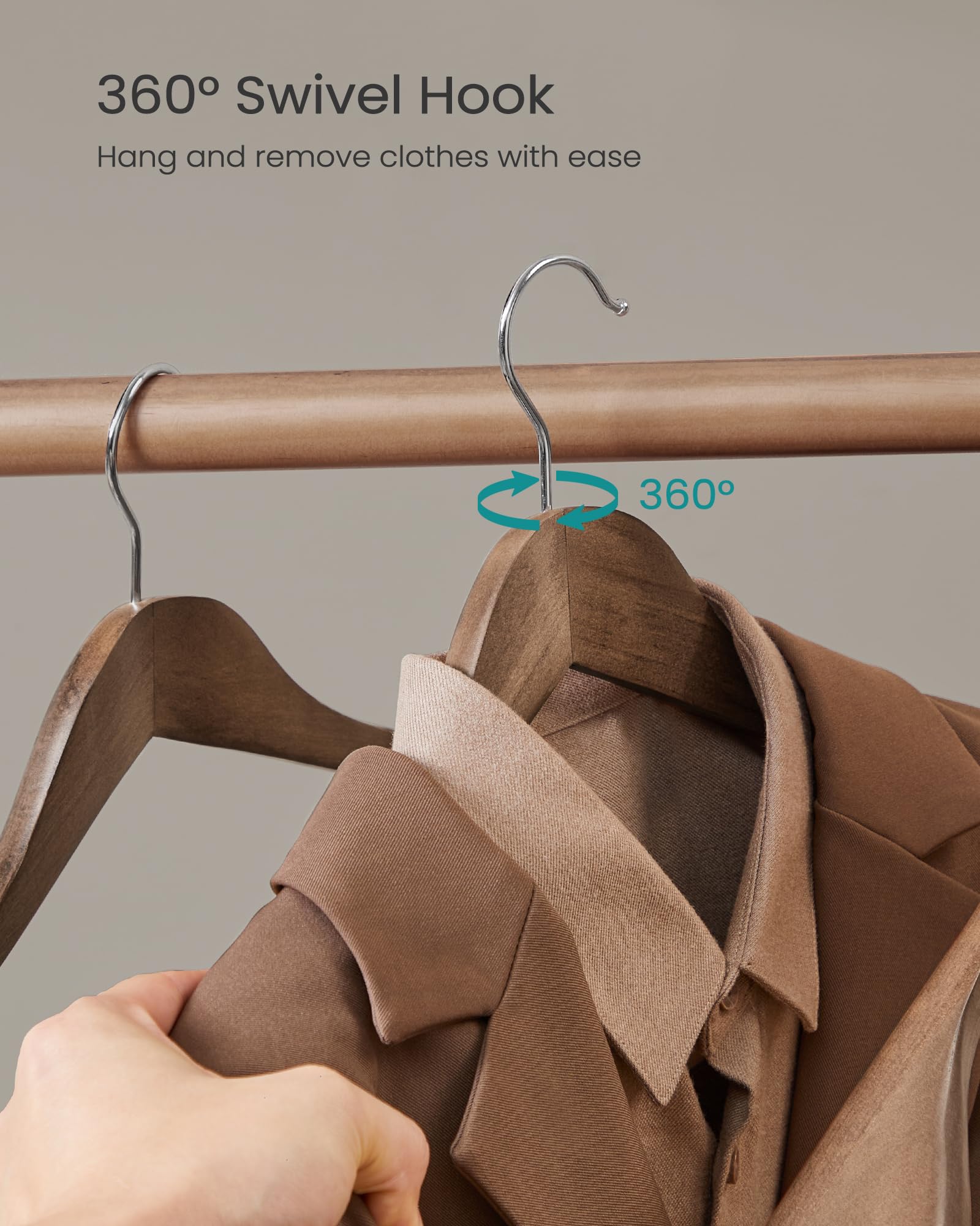 SONGMICS Extra Wide Wooden Suit Hangers, Set of 10 Clothes Hangers, Swivel Hooks, Non-Slip Bars, for Outfits, Suits, Coats, Shirts, Dresses, Walnut Color UCRW050KZ01