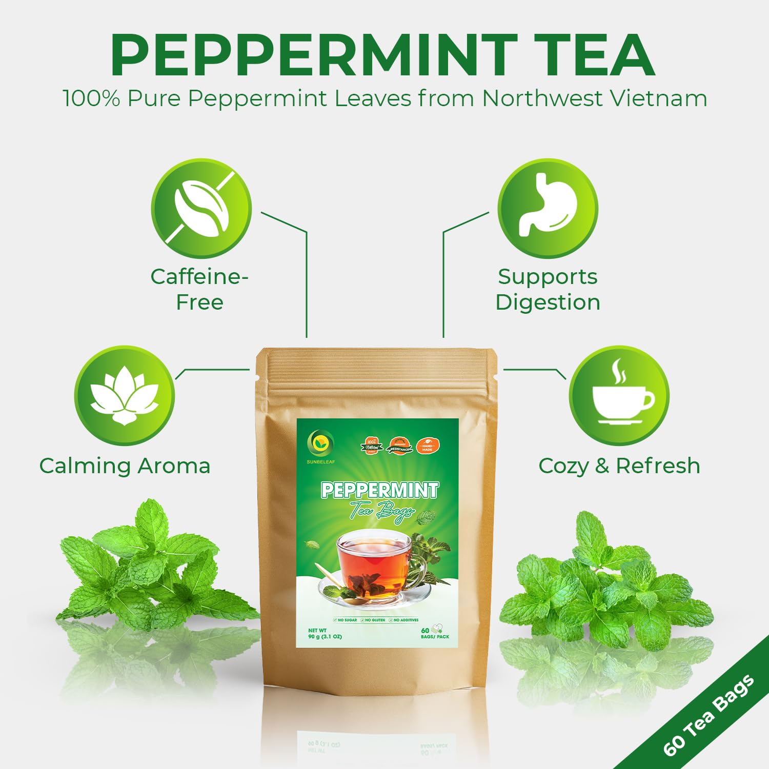 SUNBELEAF Peppermint Tea – 60 Tea Bags, Pure Mint Leaves from Vietnam, Caffeine-Free Herbal Infusion, Resealable Zip Pouch, Refreshing Gentle Flavor, Ideal for Daily Enjoyment