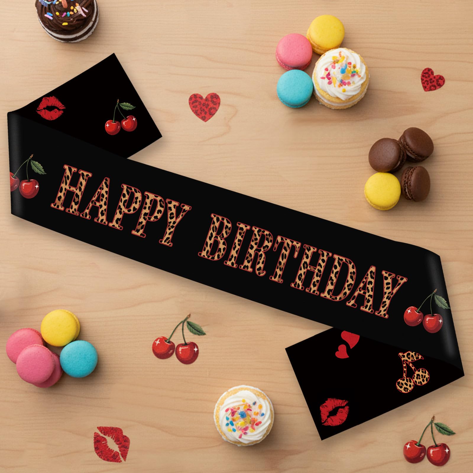 OWWOPATS Cheetah Cherry Happy Birthday Sash, Leopard Satin Sash Birthday Decorations Red and Black Party Decorations for Women and Girls