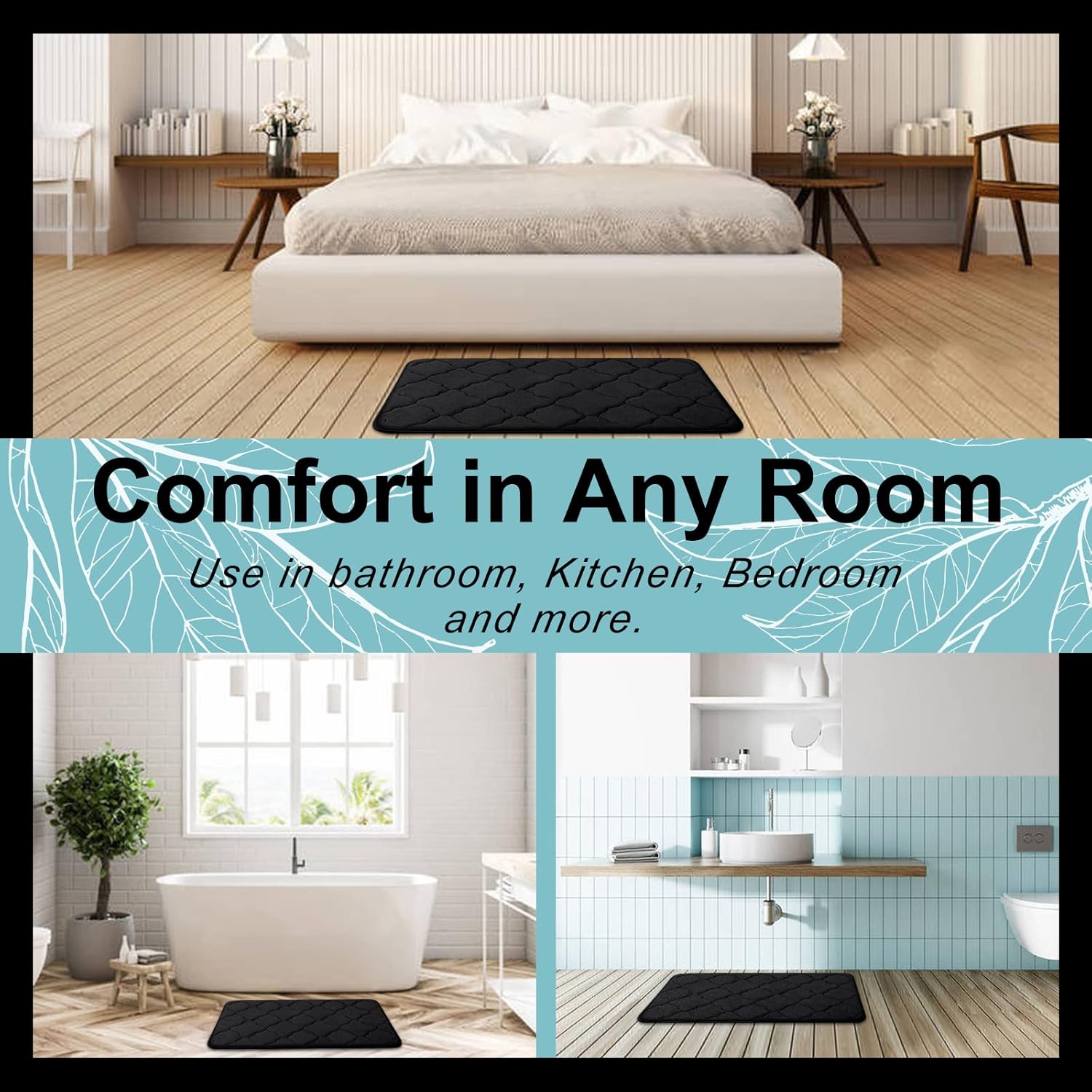 OLANLY Memory Foam Bath Mat - Ultra Soft, Absorbent & Non-Slip Rug | 24x16 Inches, Black