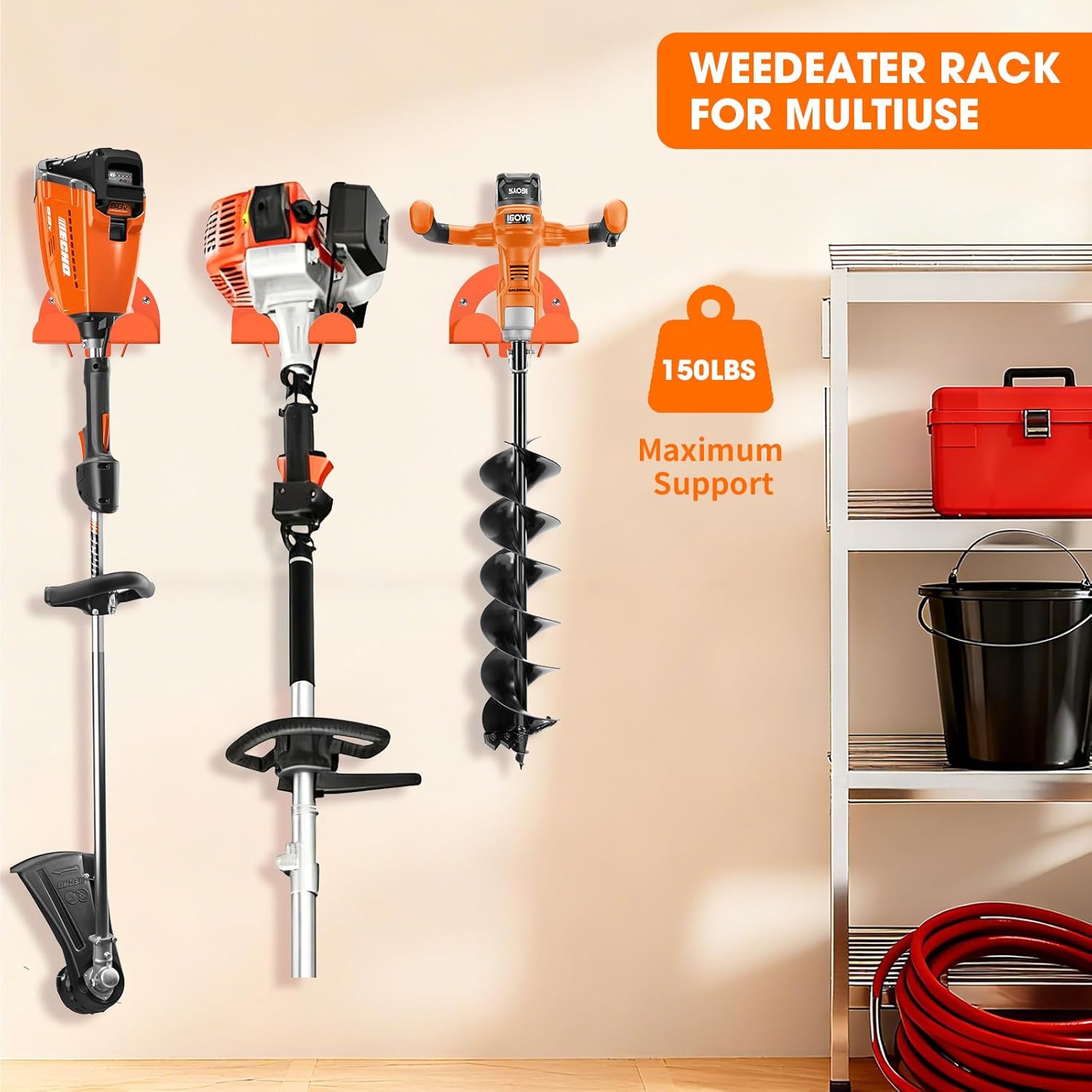 Weed Eater Trimmer Rack - Wall-Mounted Garage Organizer for Power Tools | Holds Grass Trimmer, Hedge Trimmer, Leaf Blower, Chainsaw