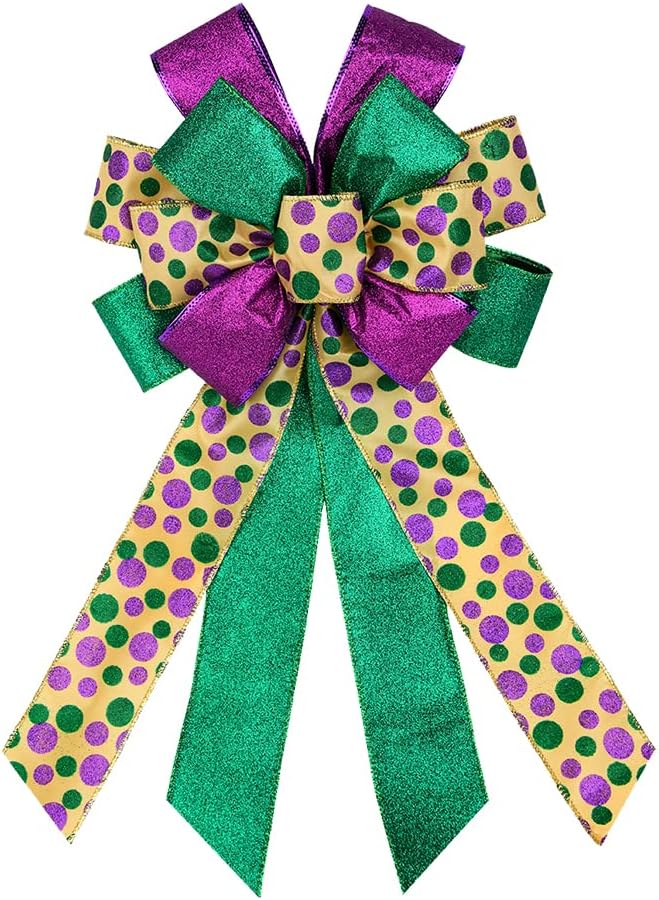 Purple Green Glitter Mardi Gras Wreath Bows by Mardi Gras - Large Decorative Bow for Indoor/Outdoor Decor