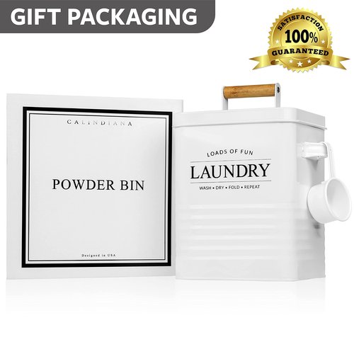 Calindiana Modern Farmhouse Metal Laundry Soap Dispenser with Scoop for Decor and Space Saving Organization, White