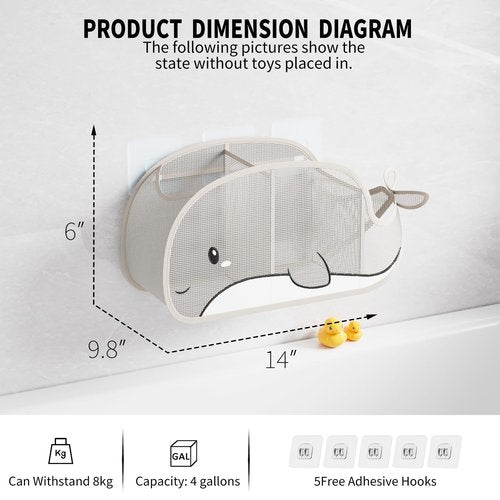 Austion Quick-Drying Baby Bath tub Toy Organizer Storage for Bathroom, Large-Capacity mesh Bath Toy Holder for Bathtub, Convenient for Quick Access, Whale-Shaped Design (Gray)