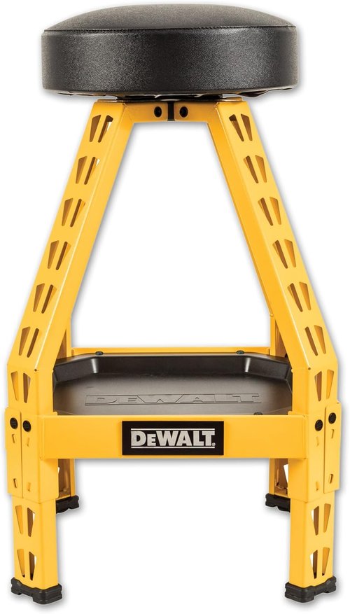 DEWALT Heavy-Duty Metal Stool - 360° Swivel Seat with Storage Tray & Padded Rip-Resistant Seat