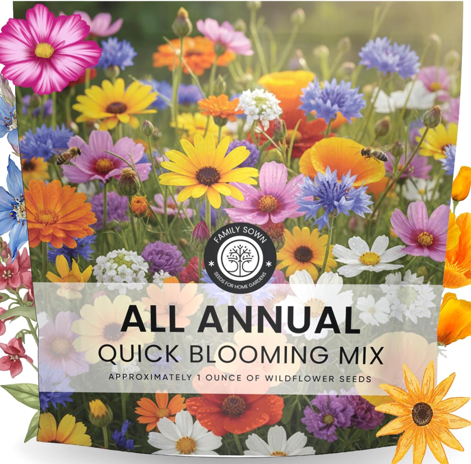 All Annual Quick Blooming Mix - 16,000 Wildflower Seeds for Vibrant Gardens - 1 Ounce Packet