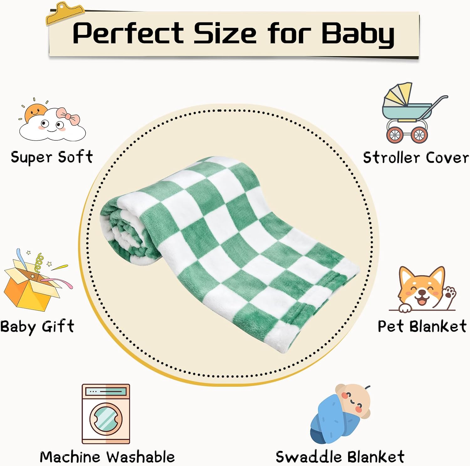 Yurhap Checkered Baby Blanket - Ultra Soft Fleece for Boys | Cozy 30x40 Inch Jade Green Crib Gift