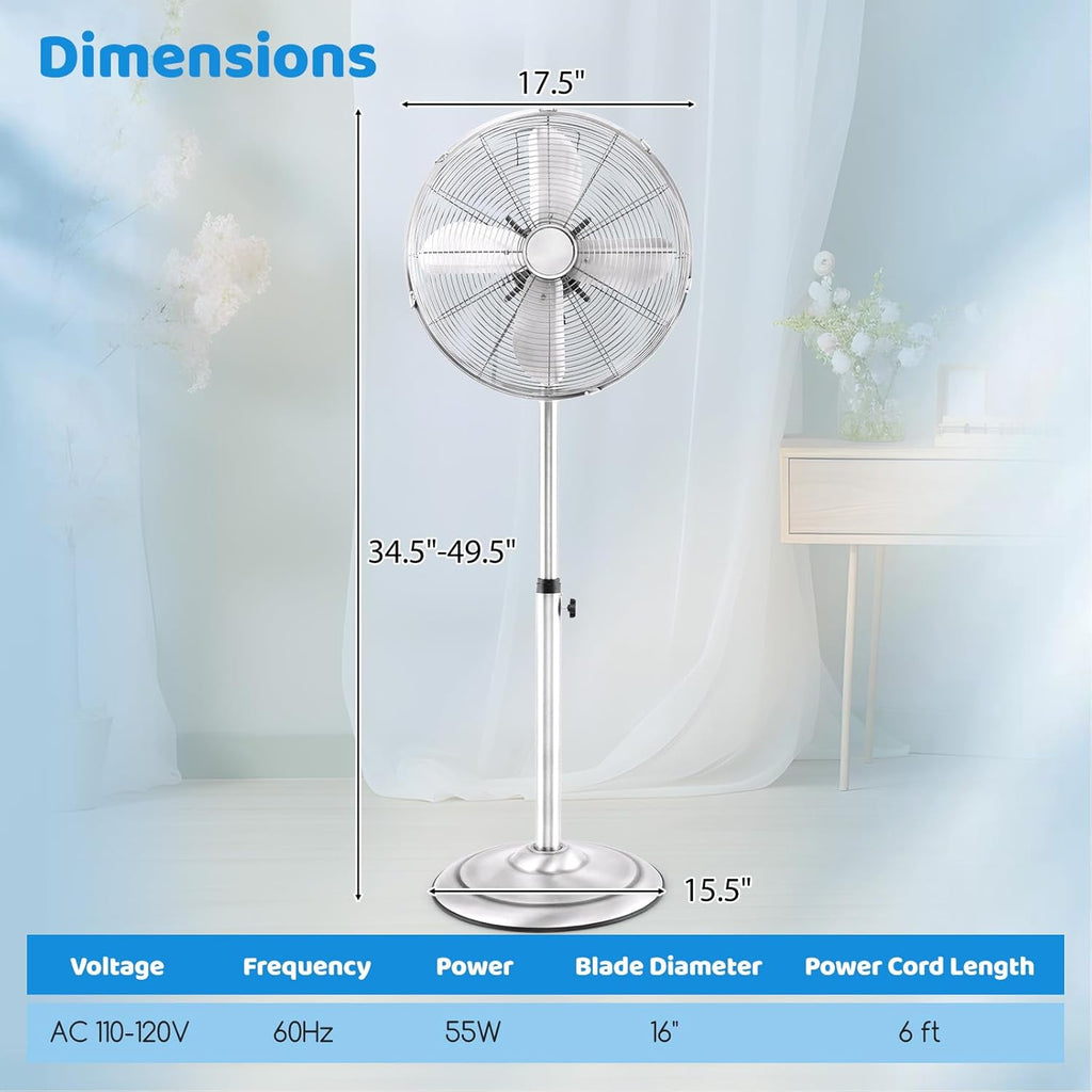 Tangkula 16-Inch Metal Pedestal Fan - Adjustable Height, 3 Speeds, 75° Oscillation | Ideal for Living Room & Office