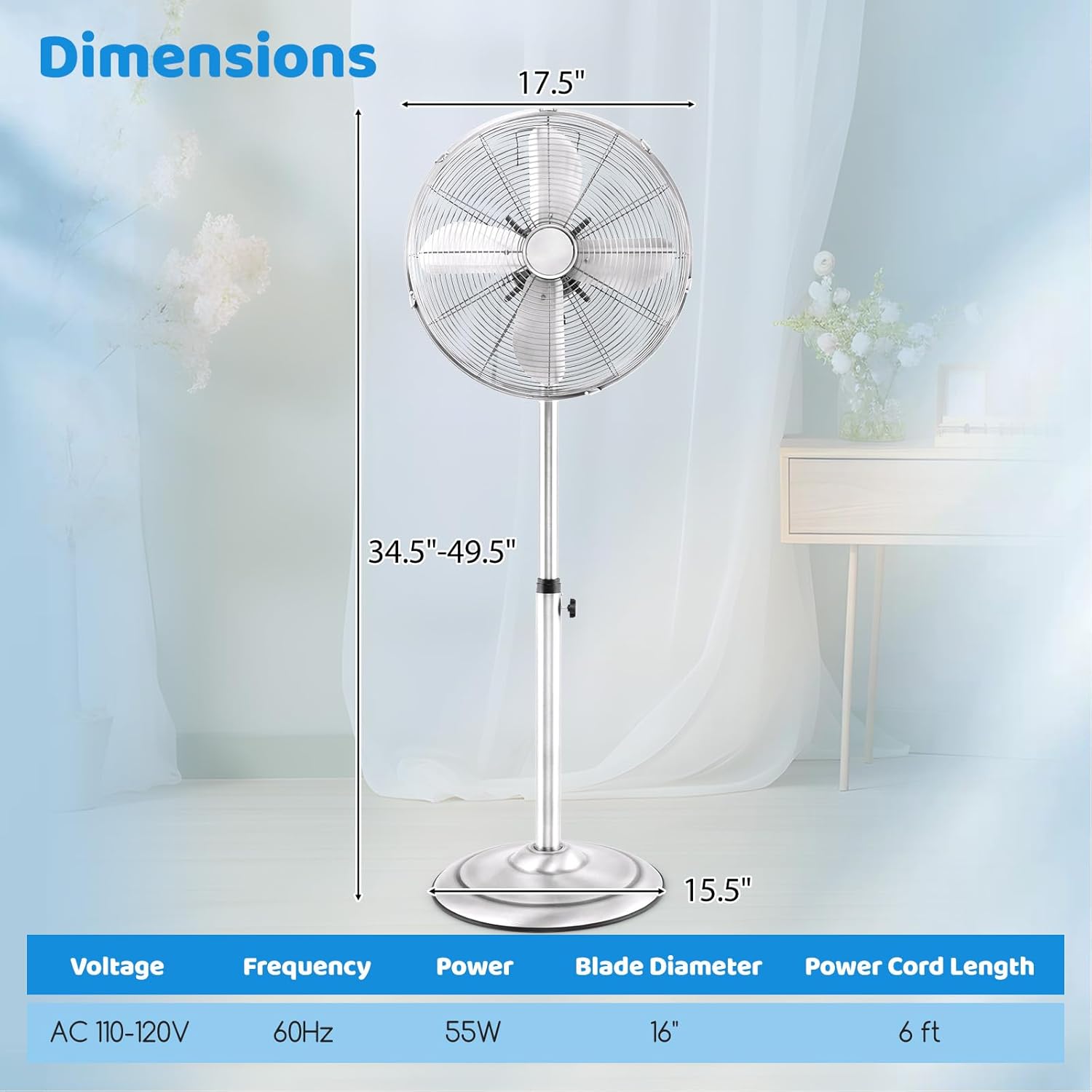 Tangkula 16-Inch Metal Pedestal Fan - Adjustable Height, 3 Speeds, 75° Oscillation | Ideal for Living Room & Office