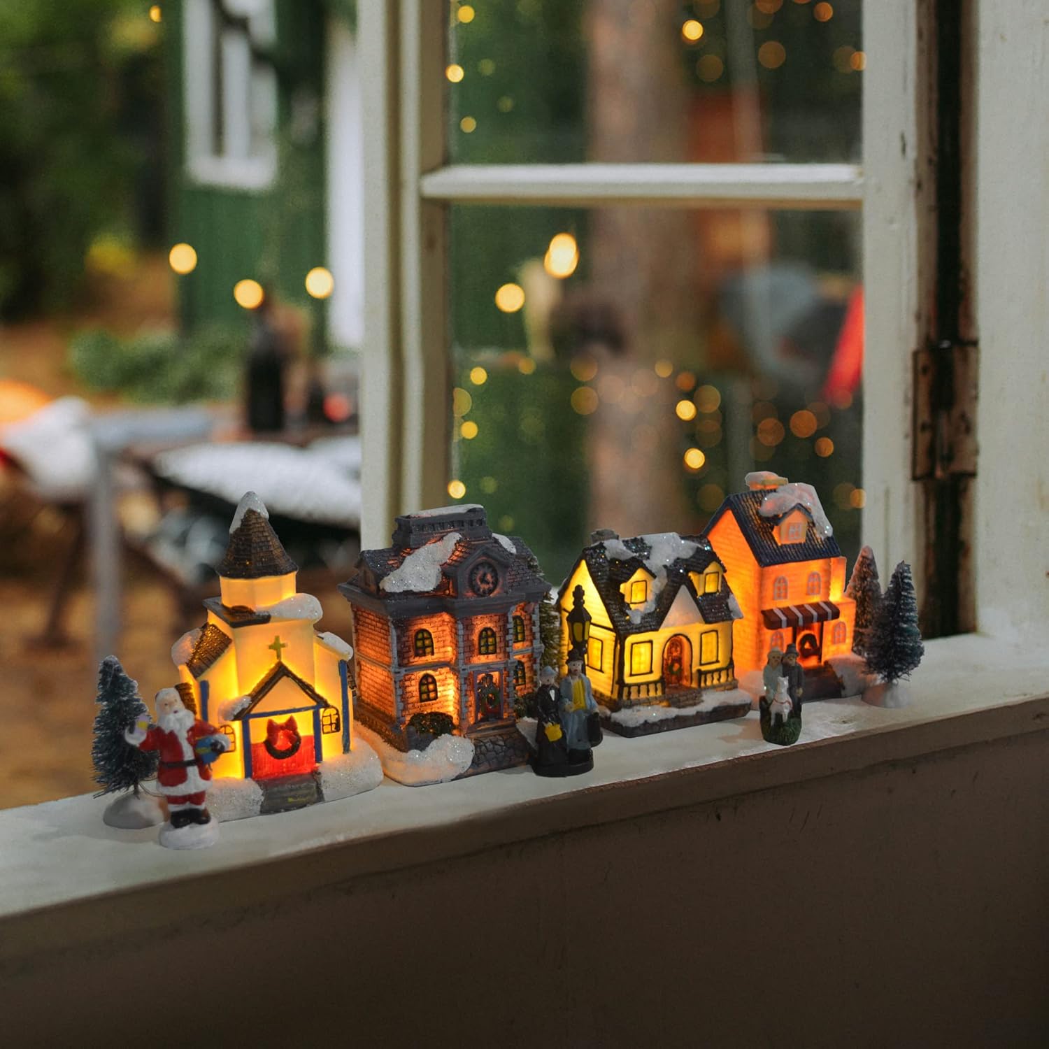 Skiennix Christmas Village Set | LED Lighted Houses with Figurines | Collectible Indoor Decor