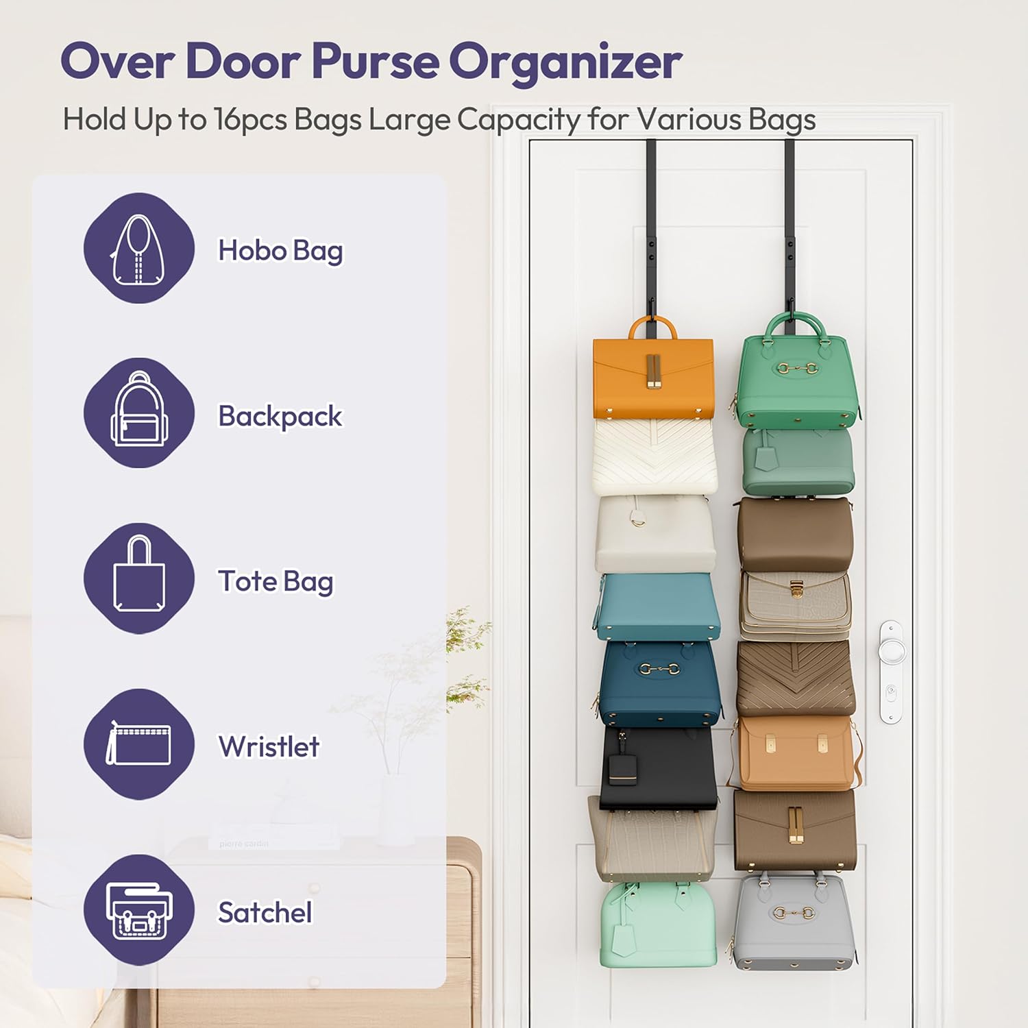 SWTYMIKI Over The Door Purse Organizer - 2-Pack Wall-Mounted Rack with 8 Hooks for 16 Bags | Black