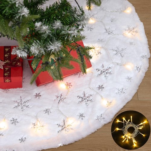 48 Inches Christmas Tree Skirt, Snowy Faux Fur White Tree Skirts with Silver Sequin Snowflakes for Xmas Tree Home Holiday Party Indoor Christmas Decorations with String Lights