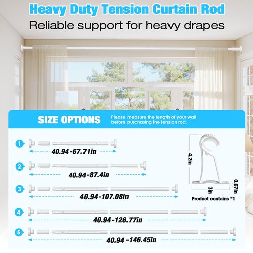 MEXAU White Tension Curtain Rods 41-146 In Extra Long Outdoor Patio Curtain Rods No Drilling Adjustable Heavy Duty Tension Rods for Windows Bathroom Living Room Curtains, Rod Diameter 1.26In