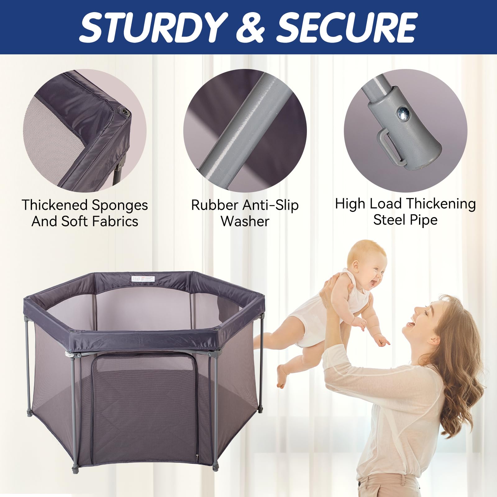 Baby Playpen 53x53 Inch, Indoor/Outdoor Portable Play Yard No Extra pad Required with Breathable Mesh Walls, Enclosed Safe Space for Babies, Quick Foldable Playpen for Home Travel Park (Grey)