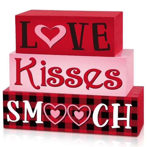 Burbell 3 Pcs Valentine Table Decoration Signs Tiered Tray Valentine Wooden Love Blocks Heart Wood Freestanding Decor for Farmhouse Centerpiece Wedding Gift(Sweet Style)