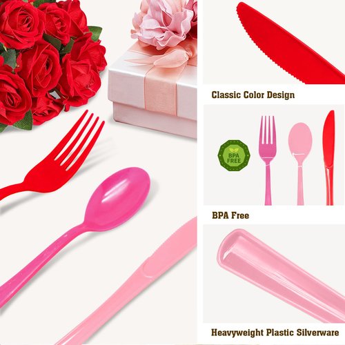 60 Pcs Valentine's Day Plastic Spoons Disposable Cutlery Set Heavy Duty 60 Spoons for Valentine's Day, Girl Birthday, Sweet 16 Party Party Decorations(Pink, Hot Pink, Red)