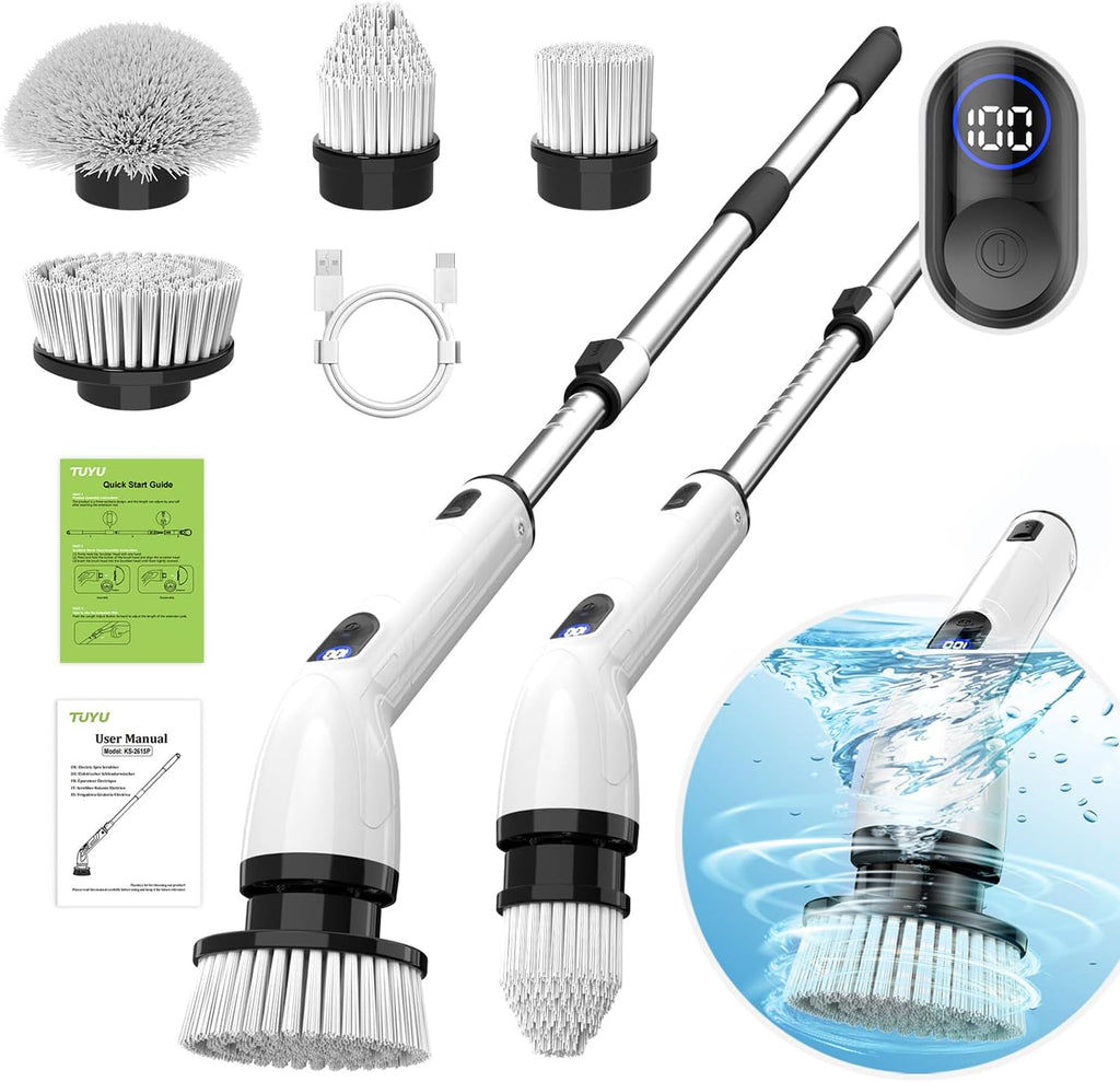 TUYU Electric Spin Scrubber - Cordless Waterproof Bathroom Cleaner with LCD Display & Adjustable Handle