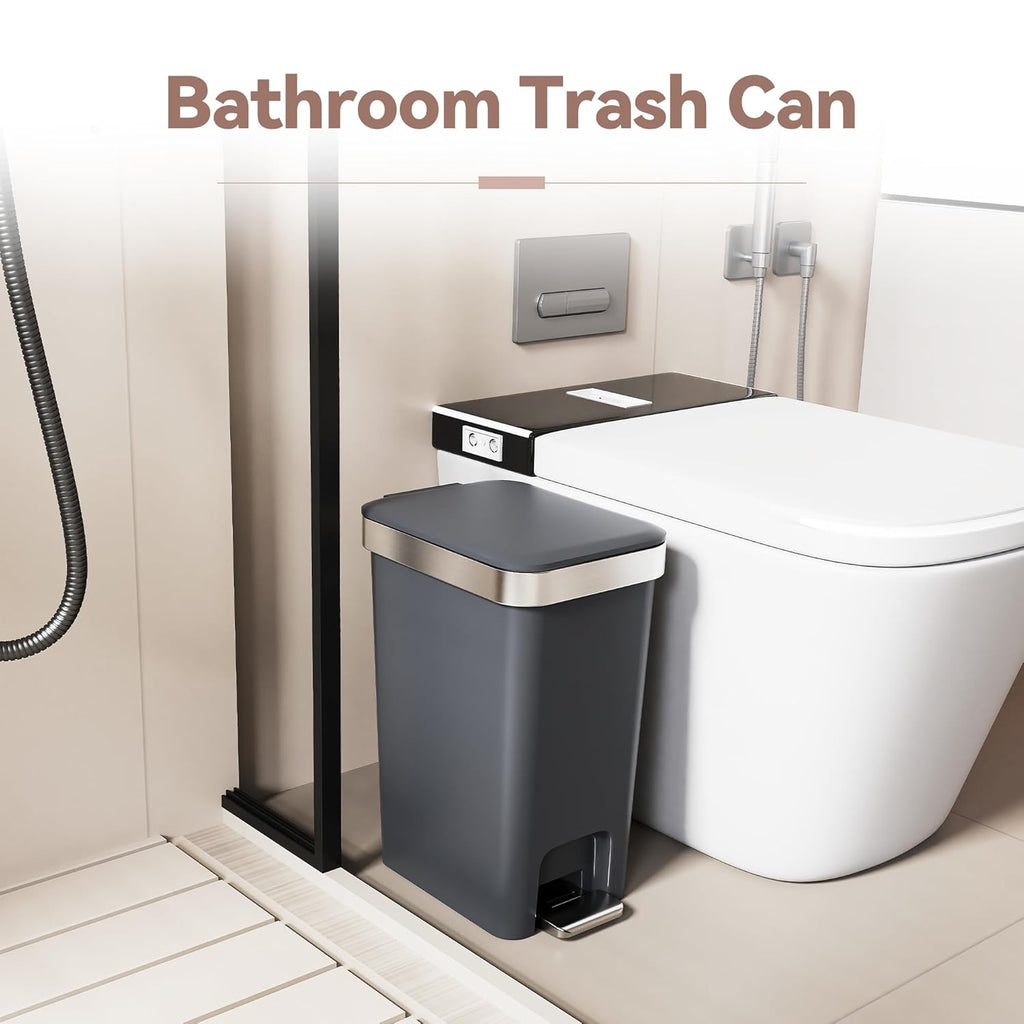 Regine Switzerland Slim Bathroom Trash Can - Soft Close Lid, 10L/2.6 Gallon, Modern Dark Gray Waste Basket