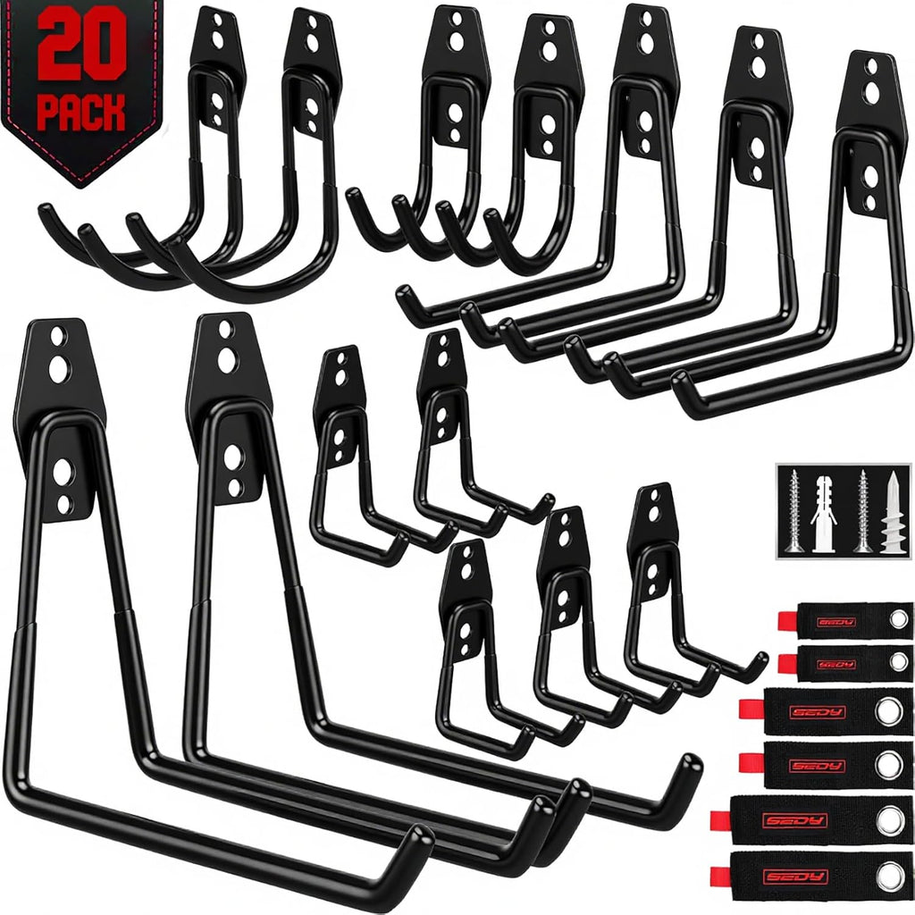 Skiennix Heavy Duty Garage Storage Hooks - Solid Steel Wall Mount Set with Anti-Slip Coating | 20 Pack for Ladders, Bikes & Tools