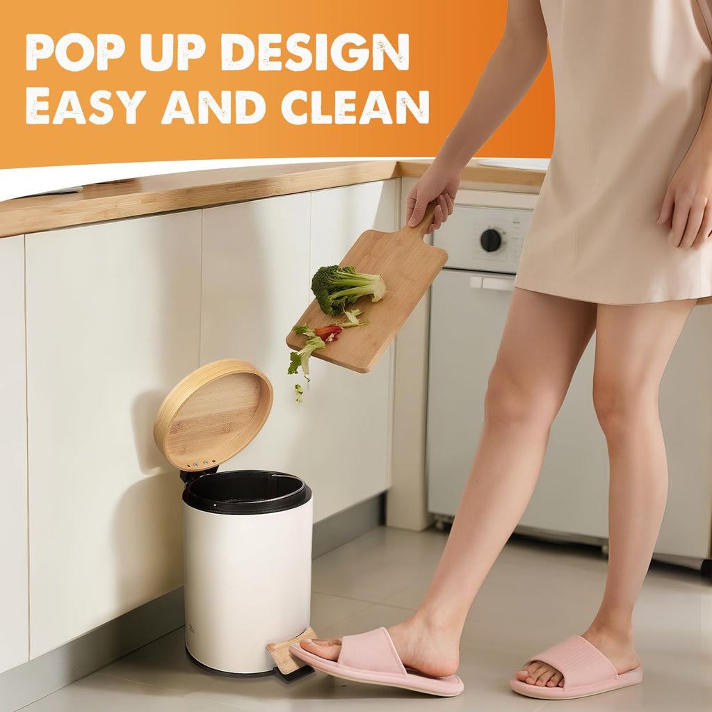 ODJSY Small Bathroom Trash Can with Natural Bamboo Lid Soft Close，3 Liter / 0.8 GallonStainless Steel Garbage Can with Removable Inner Bucket andStep Pedal（White）